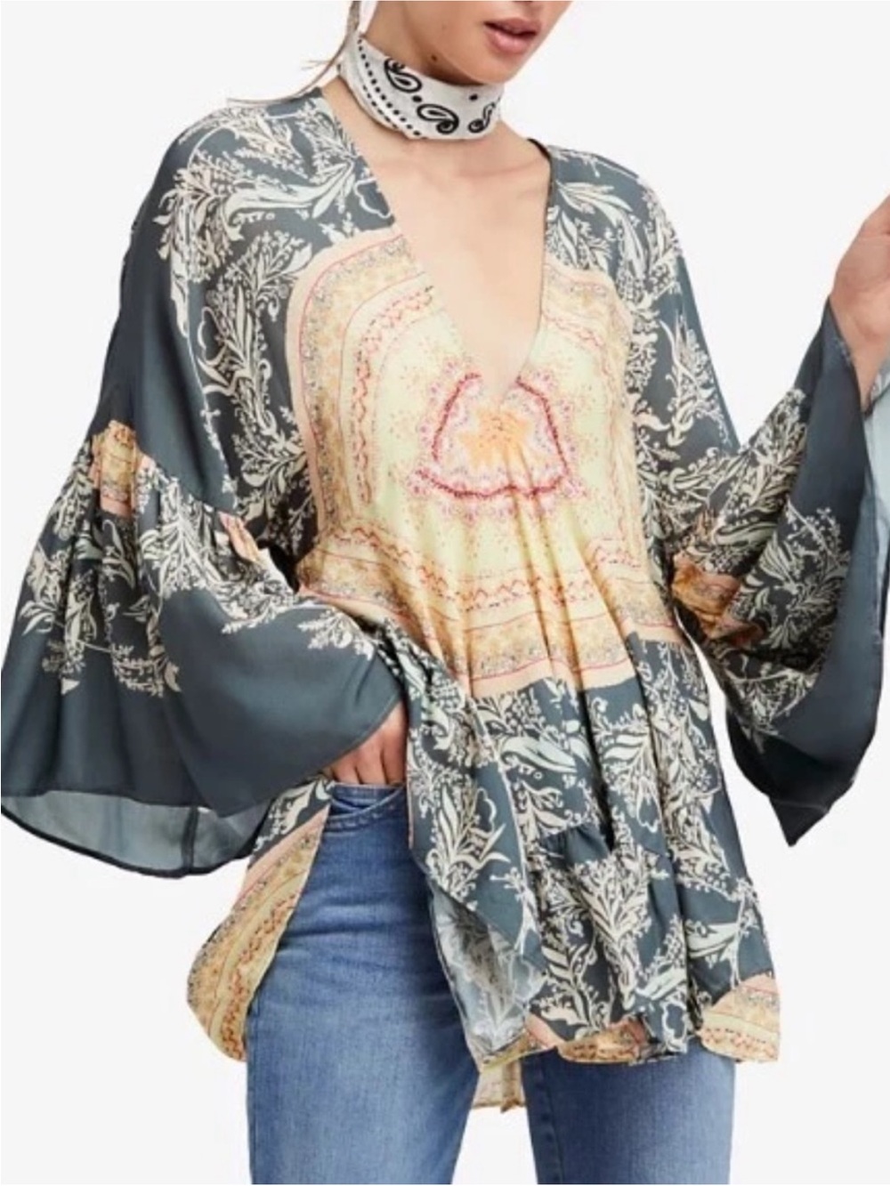 Free People Sunset Dreams Bohemian Floral Peasant Blouse